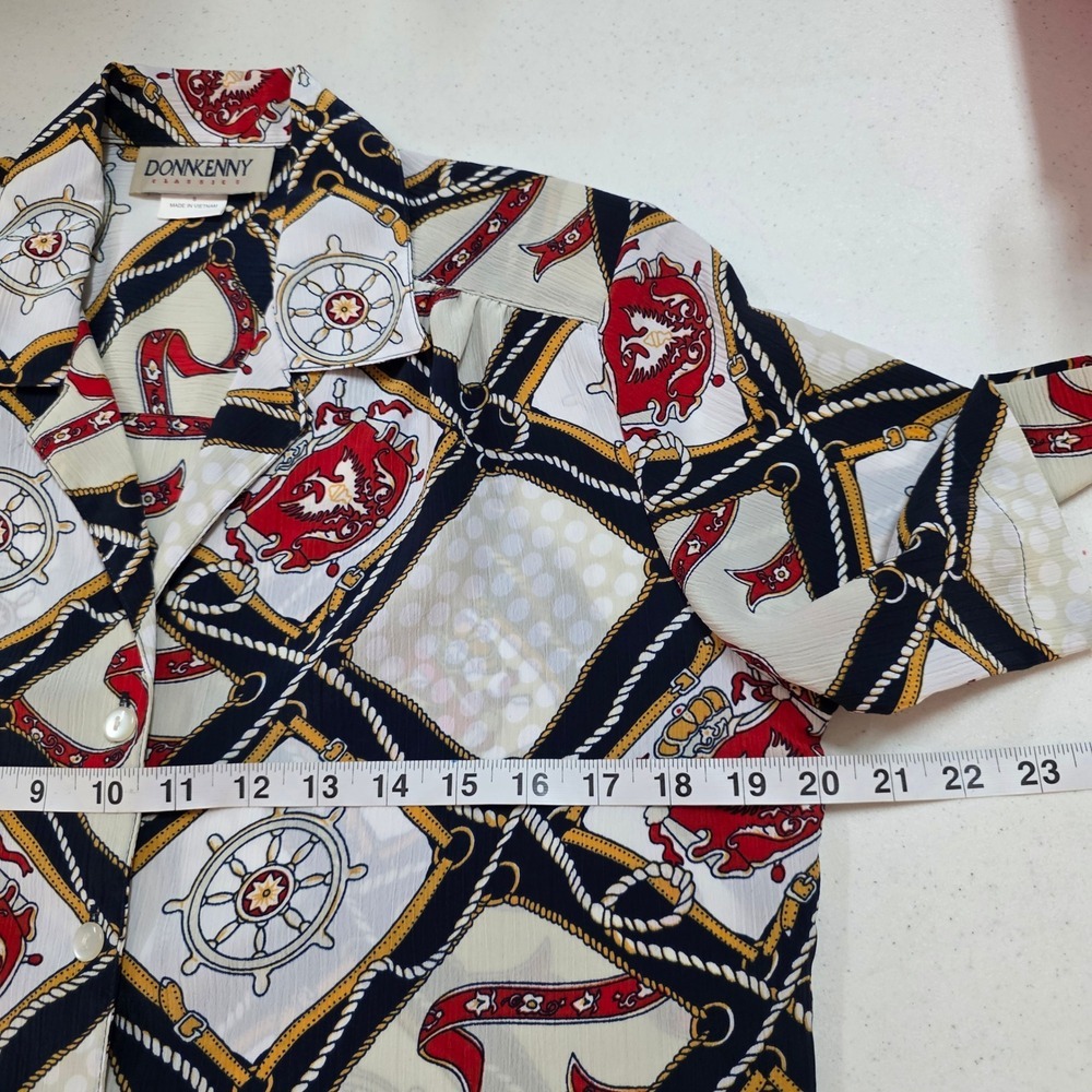 Donnkenny Classics Nautical Chain Print Button Up Blouse Navy Red Gold Small - Picture 7 of 10